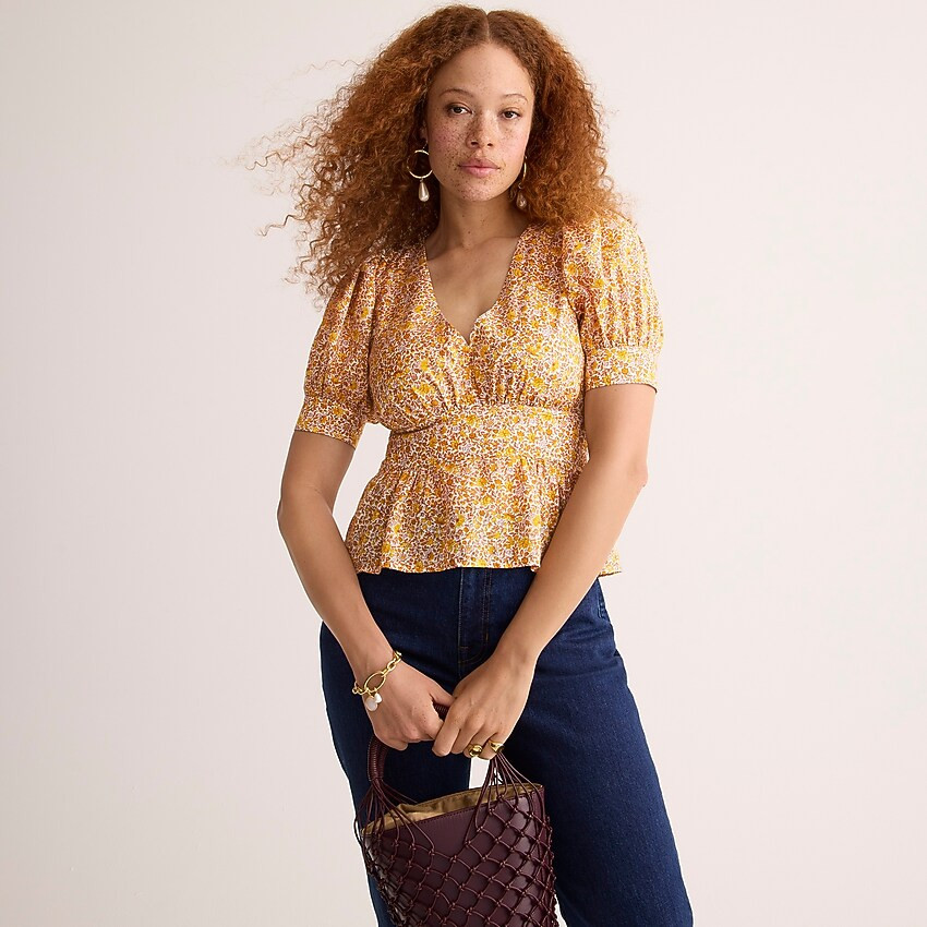 Puff-sleeve V-neck top in scattered blooms | J. Crew US