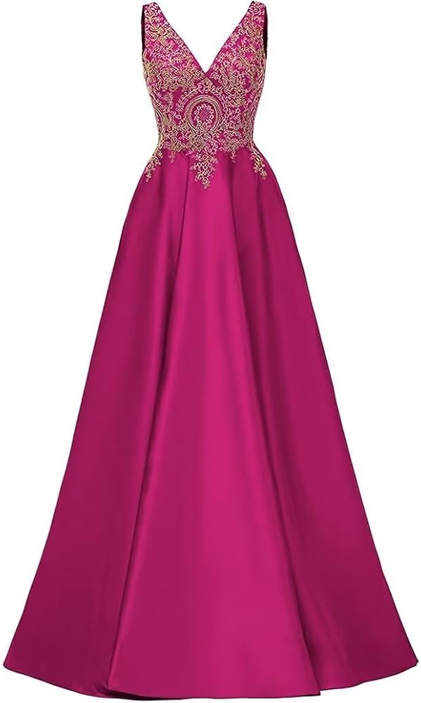 Molisa V Neck Satin Prom Dresses for Women 2025 Long Ball Gown Lace Appliques Formal Evening Part... | Amazon (US)