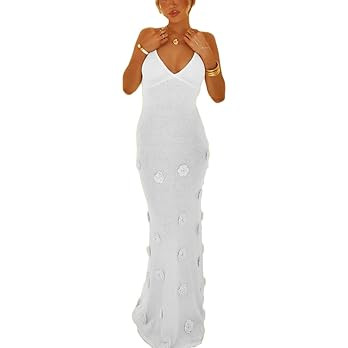 LOUSEA Womens See Through Knit Maxi Dress Tie Back Flower Dresses Sexy Spaghetti Strap Bodycon Dr... | Amazon (US)