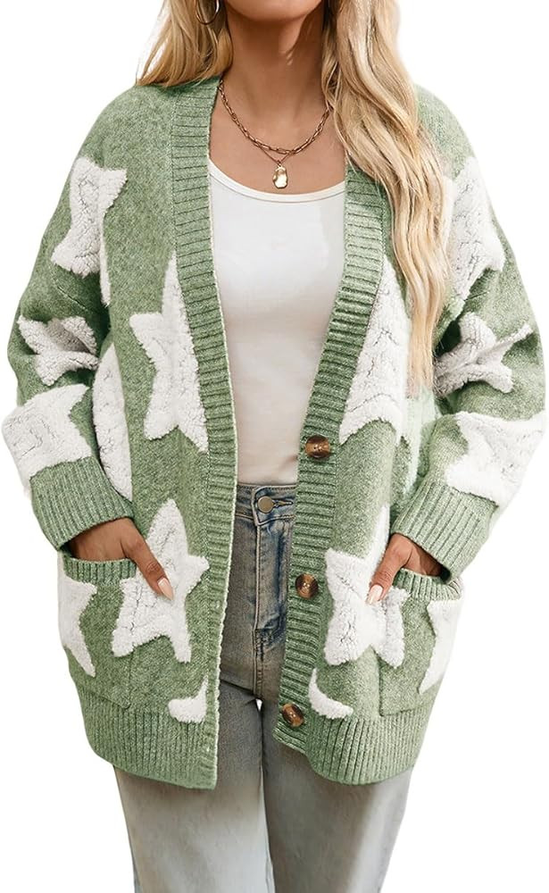 chouyatou Women's Fall 2025 Star Fleece Patchwork Cardigan Button Down Jacquard Chunky Knitted Sw... | Amazon (US)