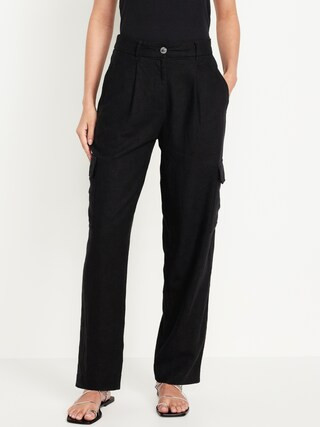 High-Waisted Linen-Blend Cargo Straight Pants | Old Navy (US)
