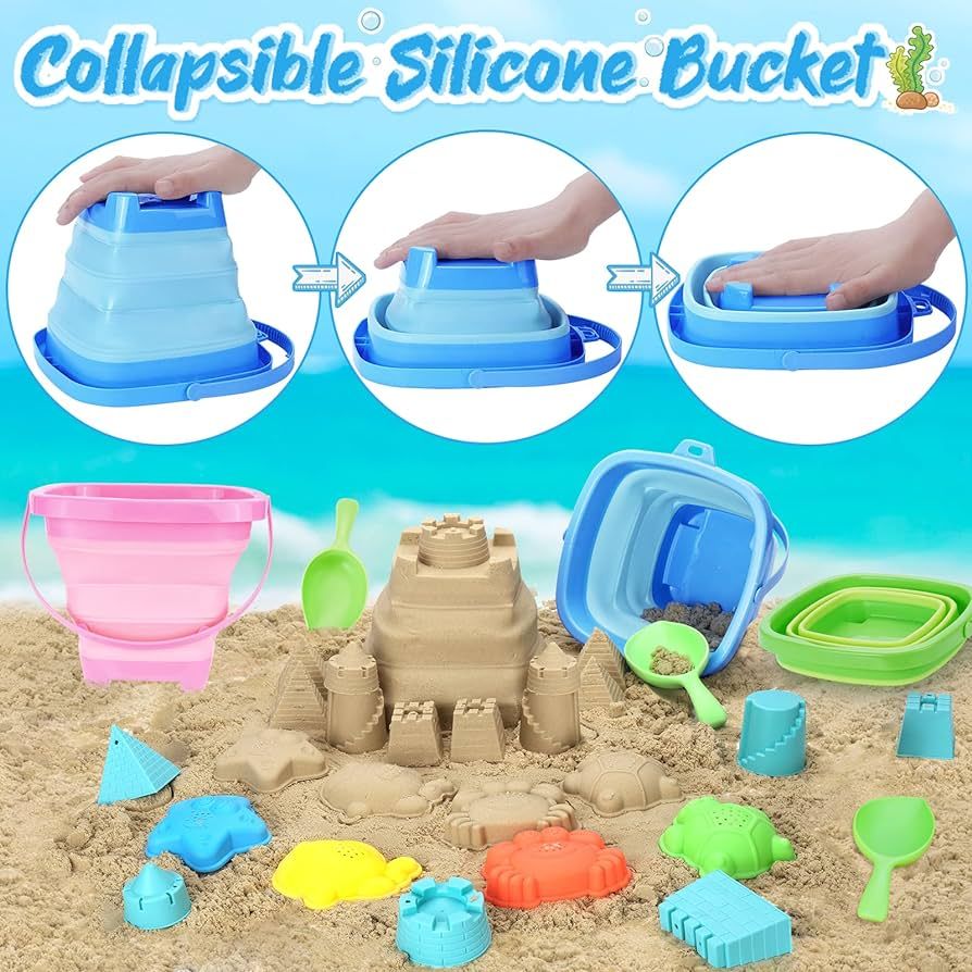 Collapsible Foldable Beach Sand Buckets and Shovels Set - Beach Toys for Kids with Mesh Bag & San... | Amazon (US)