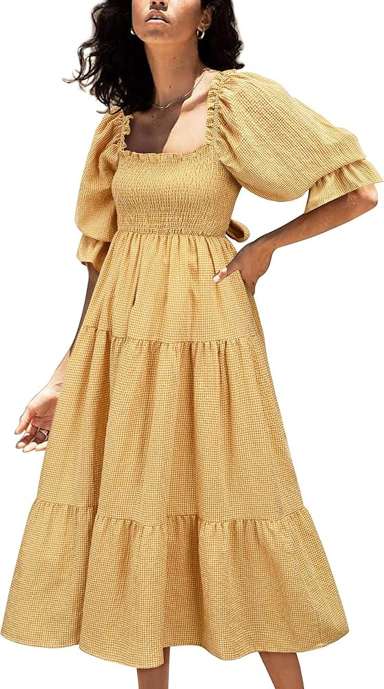 UIMLK Women's Puff Sleeve Smocked Gingham Off The Shoulder Back Bow Tie Flowy Cottagecore Bohemia... | Amazon (US)