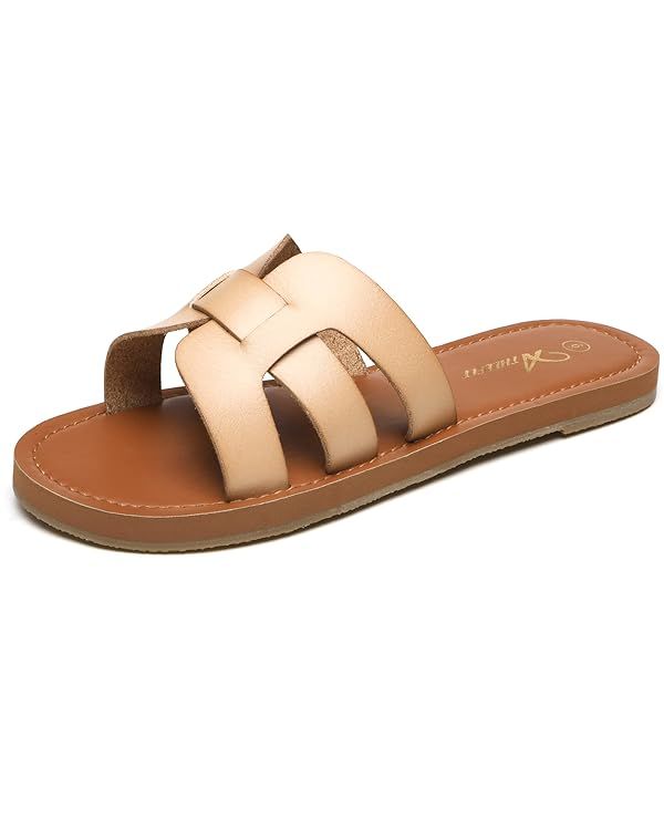 Athlefit Women's Flat Sandals Summer Casual Slip On Leather Slide Sandal | Amazon (US)