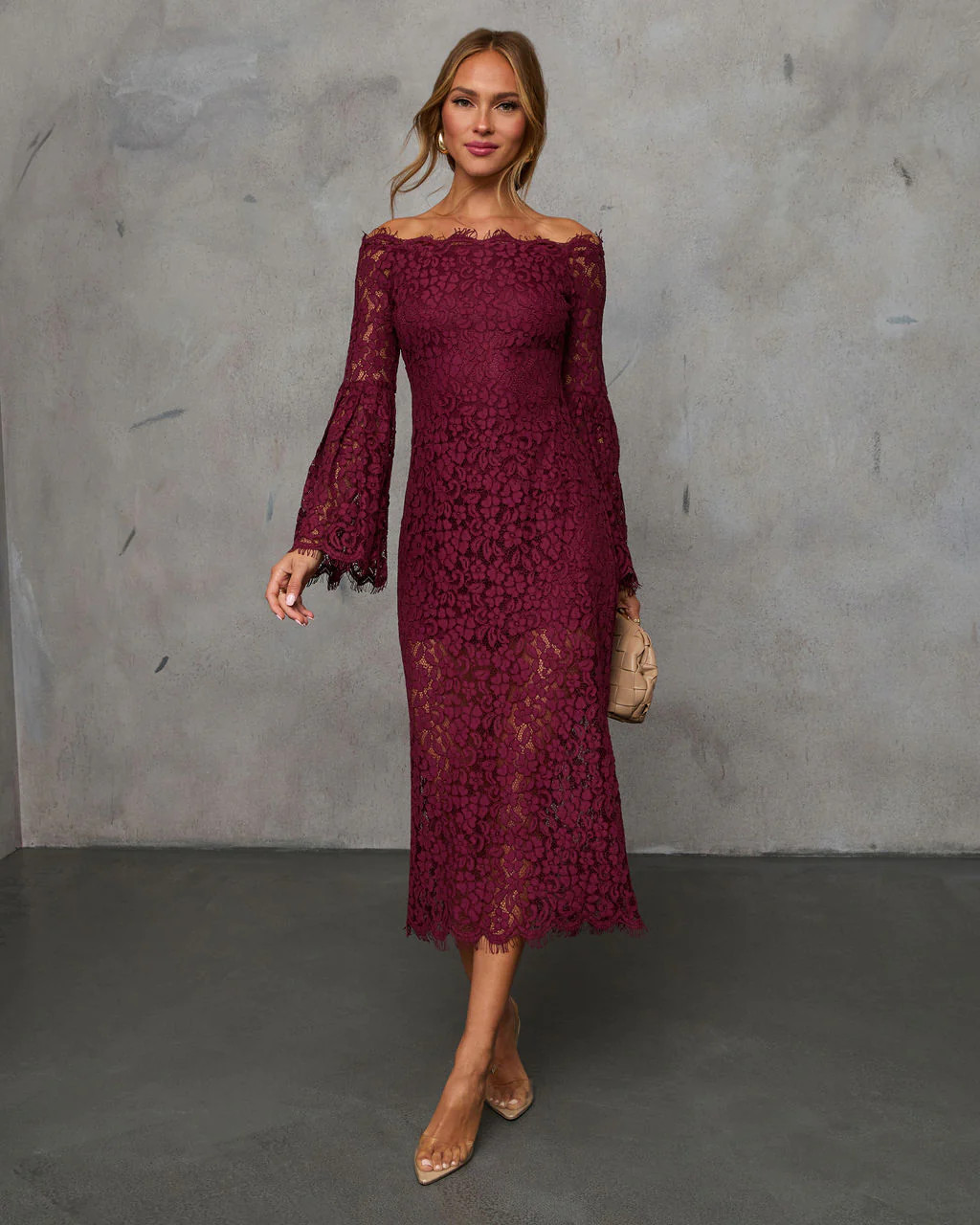 On Your Mind Off Shoulder Lace Midi Dress | VICI