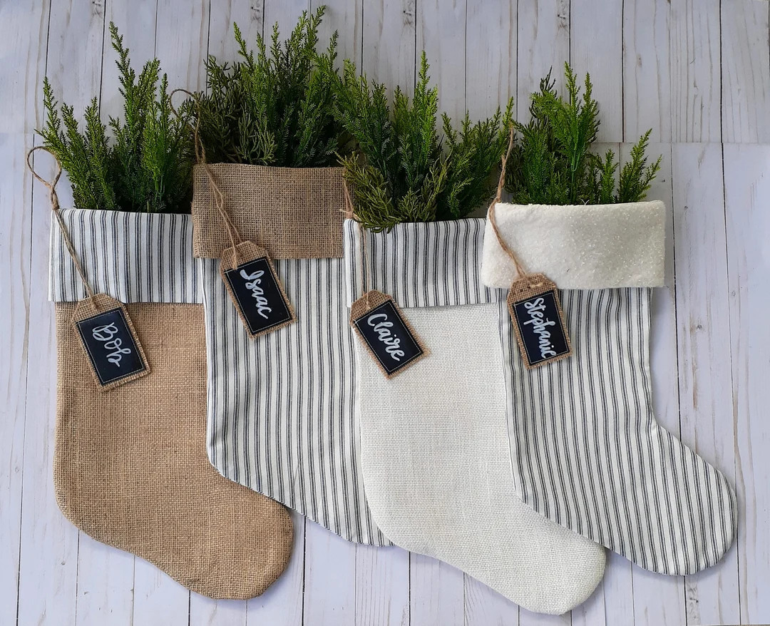 Farmhouse Christmas Stockings Navy Blue Striped Ticking and - Etsy | Etsy (US)