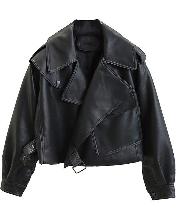 LY VAREY LIN Women Black Faux Leather Jackets Casual Short Oversized Coat Asymmetrical Motor Bike... | Amazon (US)