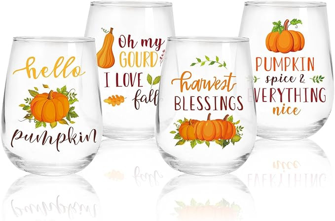Whaline 4Pcs Fall Stemless Wine Glasses 17oz Hello Pumpkin Drinking Glasses Fall Harvest Tumbler ... | Amazon (US)
