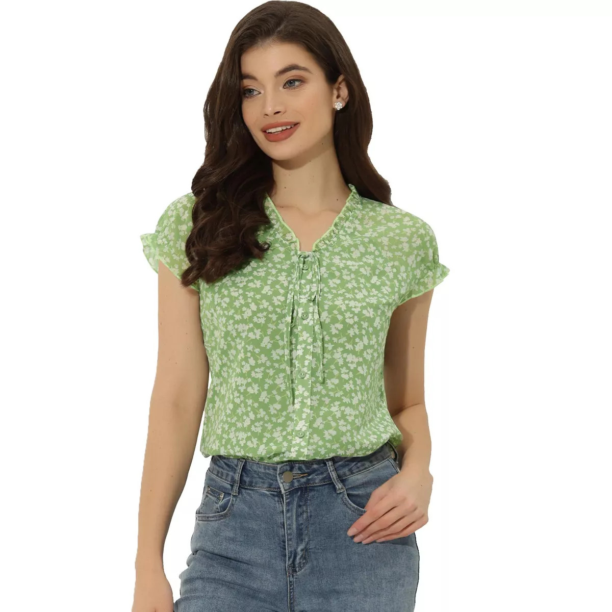 Allegra K Women's Summer Floral Chiffon Tie V Neck Ruffled Short Sleeve Shirt | Target