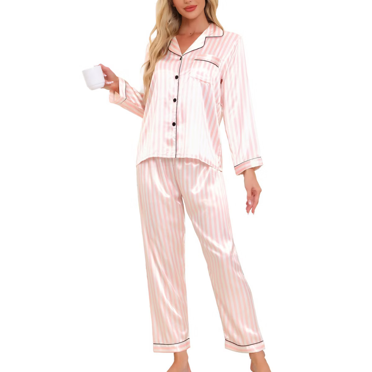 cheibear Women's Satin Floral Button Down Long Sleeve 2-Piece Lounge Set | Target