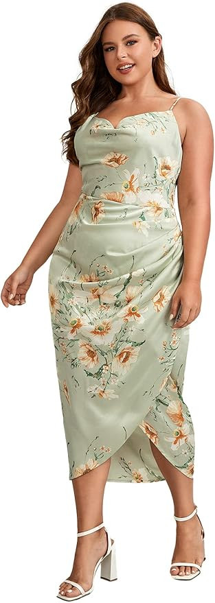 Floerns Women's Plus Size Satin Spaghetti Strap Cowl Neck Wrap Party Cami Dress | Amazon (US)