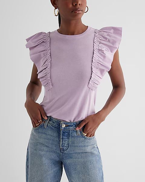 Skimming Linen-Blend Crew Neck Flutter Sleeve Tee | Express