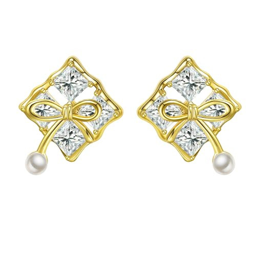 AHSIWC Gold CZ Bow Earrings for Women, 14K Gold Sparkly Bow Pearl Earrings Cute Bowknot stud Earrings Gift for Women | Amazon (US)