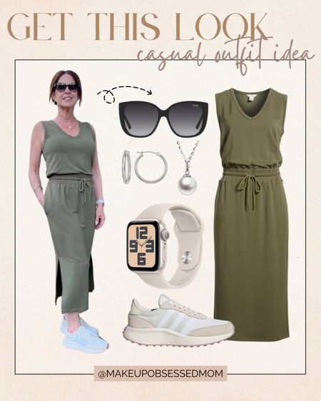 Wear this effortless casual outfit for spring or summer! This army green midi lounge dress has been one of my favorites and I paired it with neutral sneakers, a smart watch, silver accessories, and a black sunglasses!
#affordablefinds #everydaylook #capsulewardrobe #cozywear

#LTKSeasonal #LTKShoeCrush #LTKStyleTip