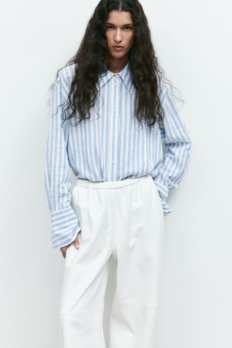 Oversized linen-blend shirt - Long sleeve - Regular length - White/Blue striped - Ladies | H&M GB | H&M (UK, MY, IN, SG, PH, TW, HK)