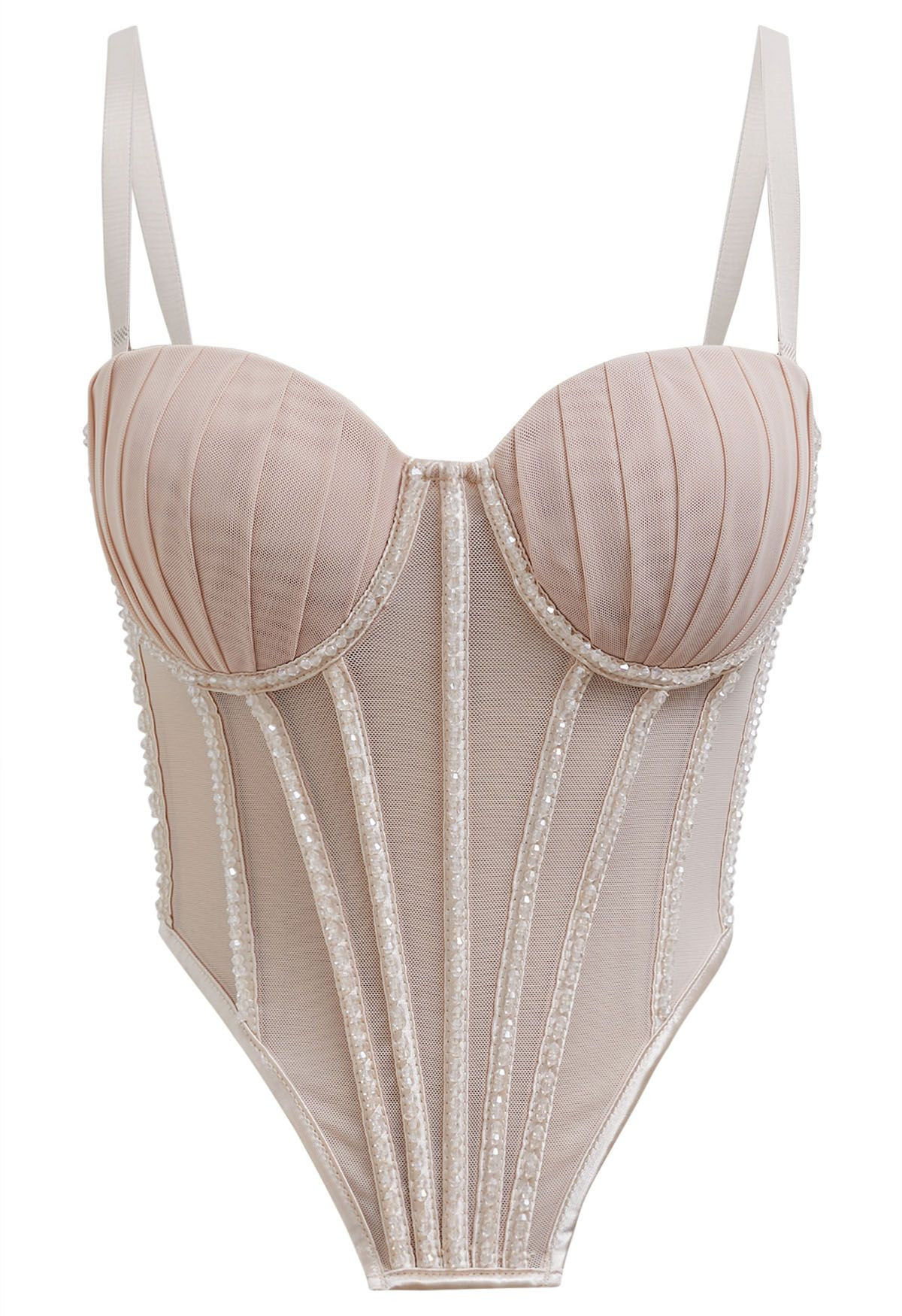 Bead Embellished Pleated Mesh Bustier Top in Nude | Chicwish