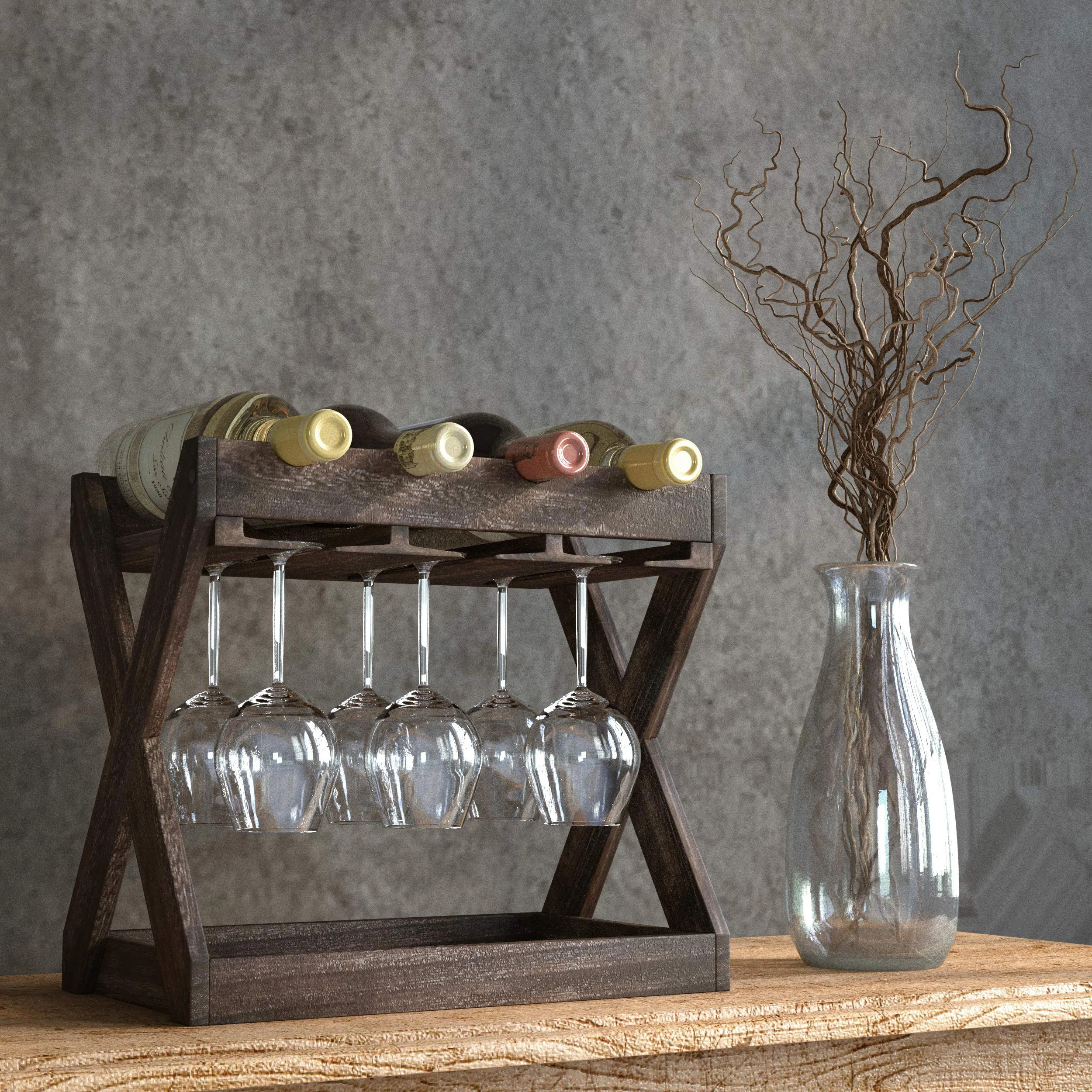 Gracie Oaks Selman 4 Bottle Solid Wood Tabletop Wine Bottle & Glass Rack in Torched Brown & Revie... | Wayfair North America