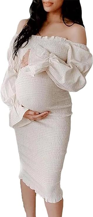 Plaid Off Shoulder Bodycon Midi Smocked Maternity Dress Baby Shower Dress for Photography | Amazon (US)