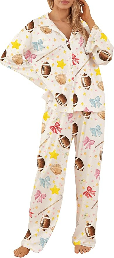 Womens Football Button Down Pajamas Set Long Sleeve Football Print Shirt Wide Leg Pants 2 Piece L... | Amazon (US)