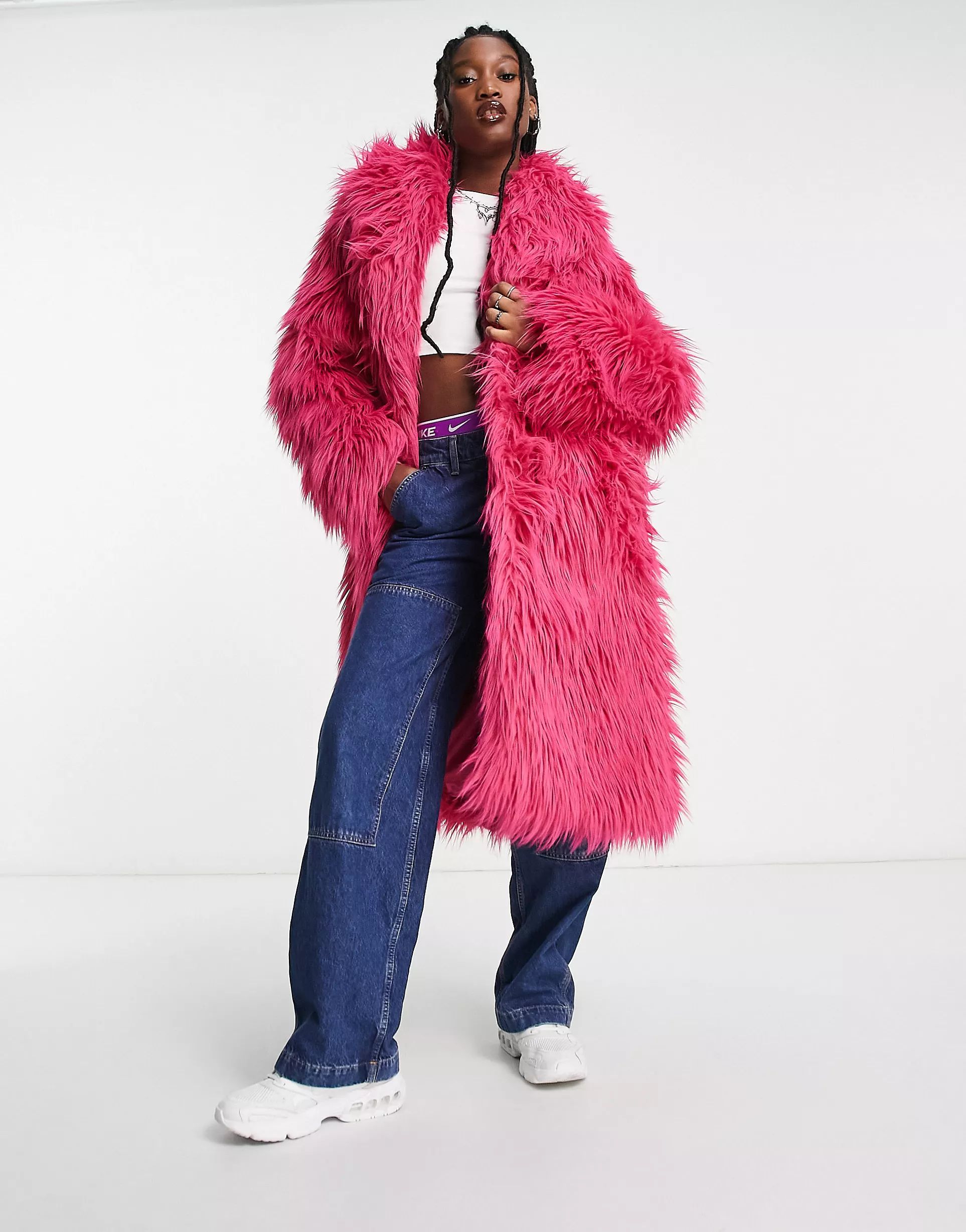 Weekday Mia faux fur coat in bright pink | ASOS (Global)