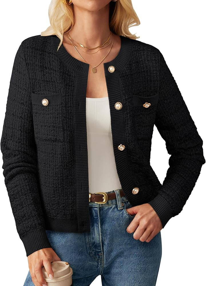GRACE KARIN Womens Open Front Button Down Long Sleeve Texture Knit Cardigan Sweaters with Pockets | Amazon (US)