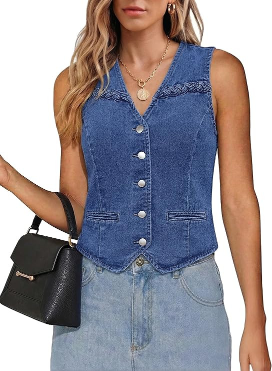 luvamia Denim Vest Women Trendy Button Down Braided Adjustable Waist Western Casual Sleeveless Je... | Amazon (US)