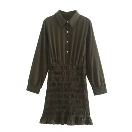 Ruffle Hem Shirring Long Sleeve Midi Dress | Chicwish