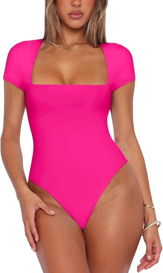 REORIA Womens Sexy Square Neck Double Lined Shirt Stretchy Short Sleeve Going Out Thong Bodysuit ... | Amazon (US)