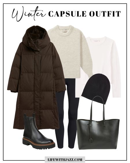 Winter capsule outfit 

Puffer jacket 
Leggings with pockets 
Leather tote 
Laguna Chelsea winter boots 
Cashmere beanie 

#LTKSeasonal #LTKtravel #LTKfit