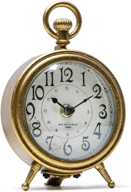 NIKKY HOME Metal Small Vintage Table Clock Decorative Pocket Watch Shape Distressed Gold Finish | Amazon (US)