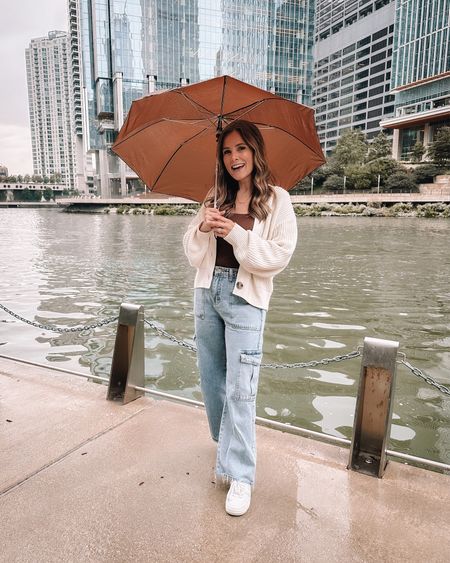 Casual wear: cargo jeans, button cardigan, Nike sneakers, brown bodysuit

#LTKSale #LTKstyletip #LTKfindsunder50