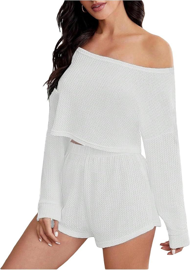 WDIRARA Women's Two Piece Textured One Shoulder Long Sleeve Crop Tank Tops and Shorts Pajama Set | Amazon (US)