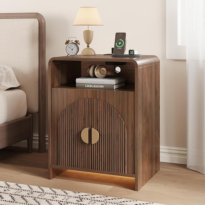 Nightstand with Charging Station and LED Lights, Night Stands with Adjustable Storage Cabinet, Mo... | Amazon (US)