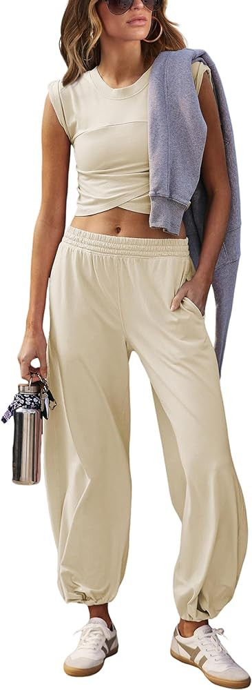 Springrain Womens Two Pieces Outfits Casual Lounge Sets Cropped Tops Sweatpants Tracksuit with Po... | Amazon (US)