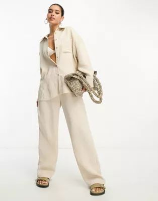 ASOS EDITION textured linen mix oversized shirt and wide leg pants in stone | ASOS (Global)