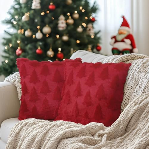 GEEORY Christmas Tree Throw Pillow Covers 16x16 Inch Set of 2, Xmas Winter Soft Plush Faux Fur Wool Decorative Farmhouse Holiday Cushion Case for Home Decoration (Red) GC005-16 | Amazon (US)