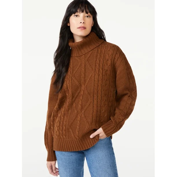 Free Assembly Women's Mixed Cable Turtleneck Sweater with Long Sleeves | Walmart (US)
