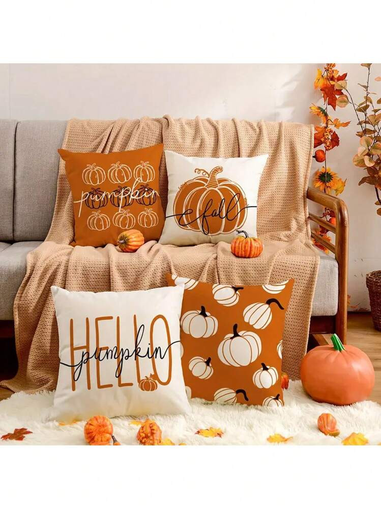 4pcs Fall Pillow Covers 18 X 18 Inch Hello Pumpkin Throw Pillow Case Autumn Orange White Pumpkin Cushion Cover For Thanksgiving Harvest Farmhouse Home Couch Sofa Car Decor No Pillow Core | SHEIN
