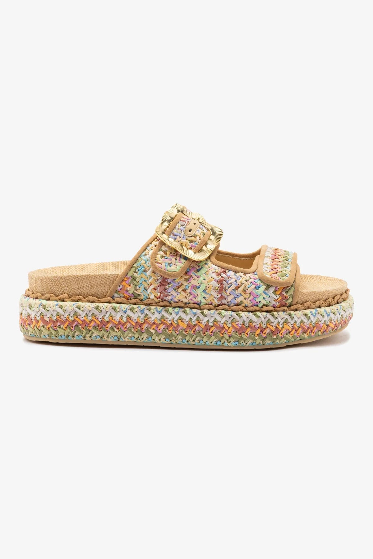 Maui Slide In Tapestry Rainbow Raffia and Beige Trimming | Larroude