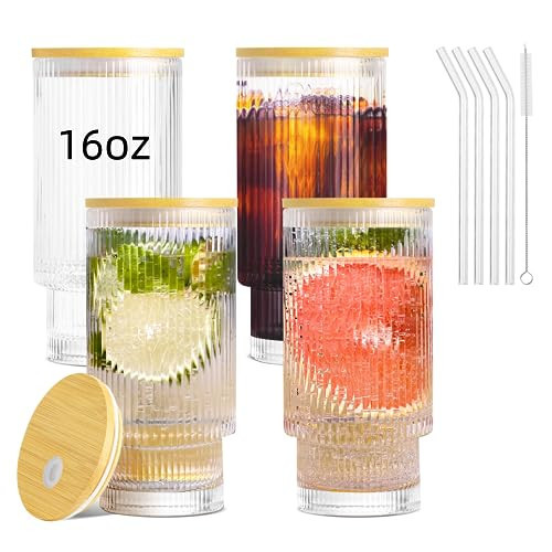 AiMQnLe Glass Cups with Bamboo Lids and Straws - 16 oz Iced Coffee Cups, Vintage Ribbed Drinking Glasses, Glass Tumbler for Juice, Beer, Coffee, Milk, Cocktail, Water (4 Pack) | Amazon (US)