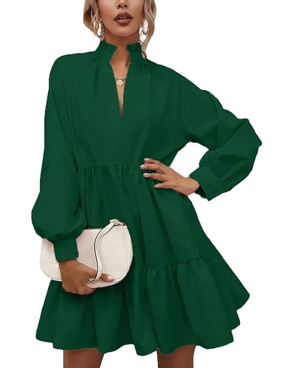 Rooscier Women's V Neck Lantern Long Sleeve Ruffle Babydoll Swing Mini Dress | Amazon (US)
