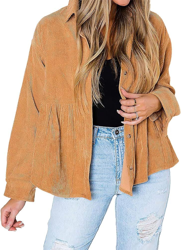 Eomenie Corduroy Jacket for Women Button Down Shirts Boyfriend Long Sleeve Oversized Blouses Tops | Amazon (US)