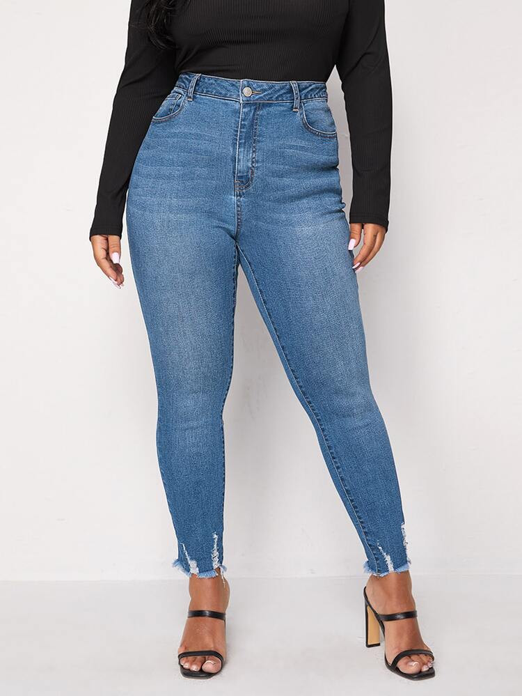 Plus Ripped Raw Hem Skinny Jeans | SHEIN