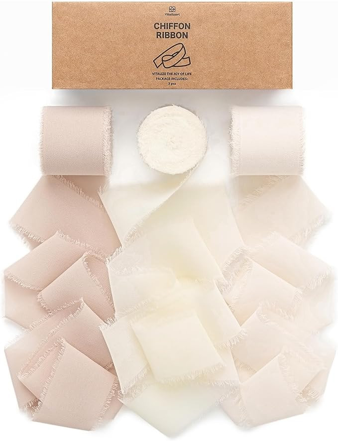 Vitalizart White Handmade Chiffon Silk Ribbon Fringe 1.5" x 21 Yd Nude & Ivory Frayed Edges Ribbo... | Amazon (US)