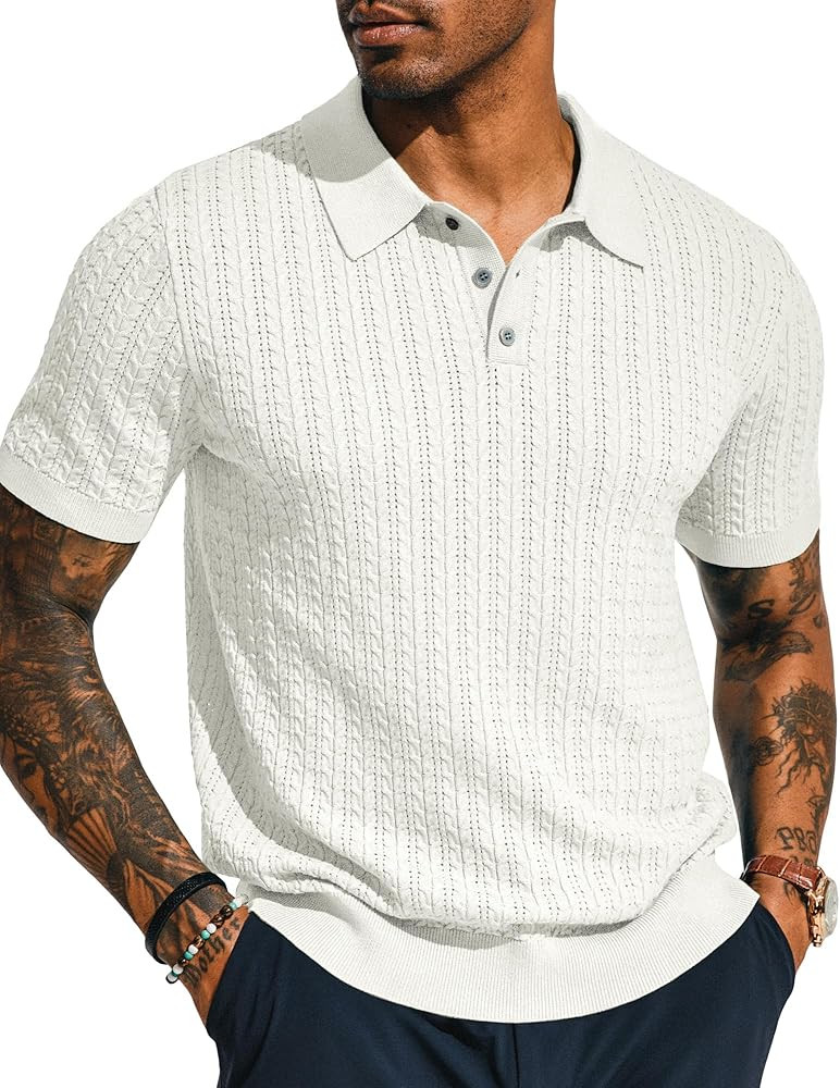 PJ PAUL JONES Mens Knit Polo Shirt Short Sleeve Hollow Out Knit Shirt Texture Knitted Polo | Amazon (US)