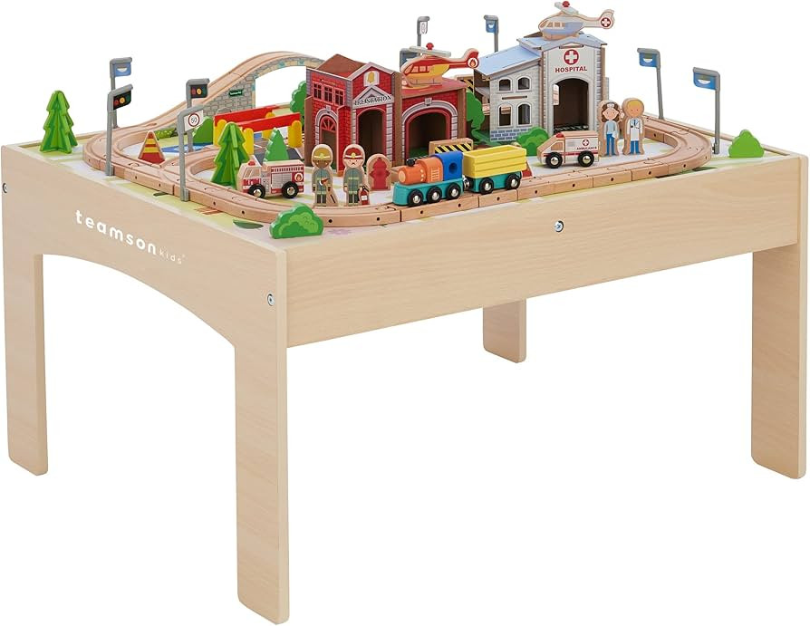 Teamson Kids Train Table Set with 85 Pieces, Preschool Play Lab Activity Table with Wooden Trains... | Amazon (US)