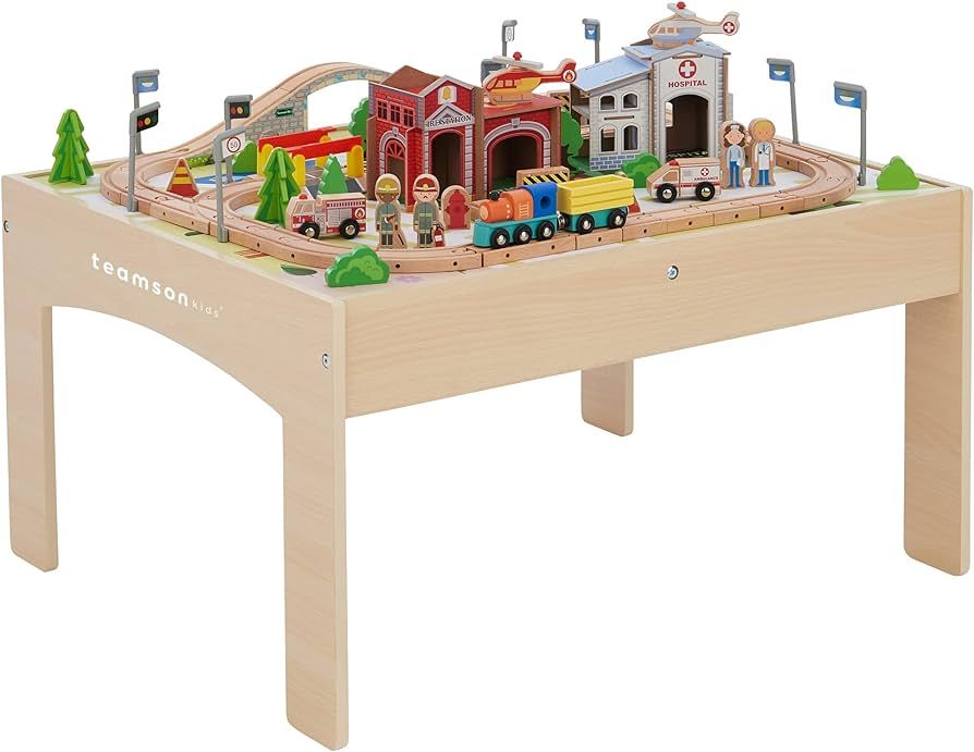 Teamson Kids Train Table Set with 85 Pieces, Preschool Play Lab Activity Table with Wooden Trains... | Amazon (US)