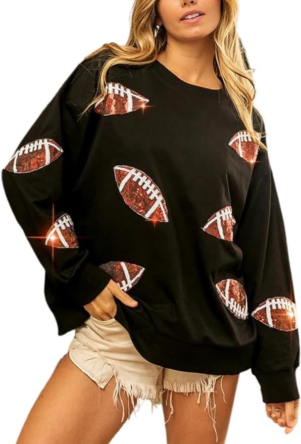 Womens Sparkle Football Sequin Rugby Sweatshirt Game Day Y2K Crewneck Oversized Shirt Long Sleeve... | Amazon (US)