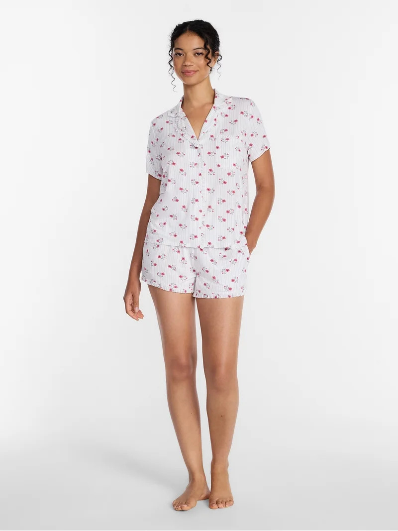 Joyspun Women’s Modal-Blend Ruffle Trim Notch Collar Top and Shorts Pajama Set, 2 Piece, Sizes ... | Walmart (US)