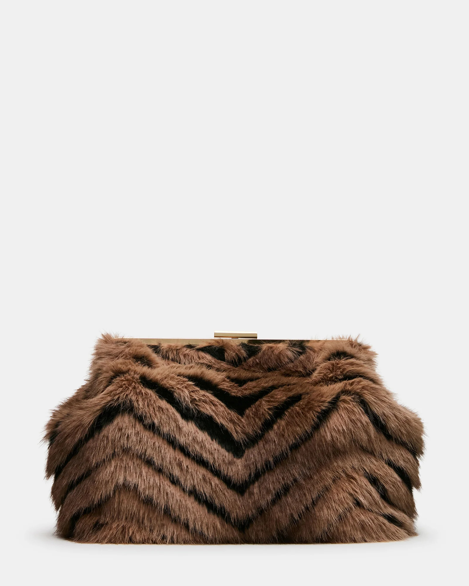 SEFINA Faux Fur Black/Tan Kiss-Lock Oversized Clutch Handbag | Steve Madden (US)